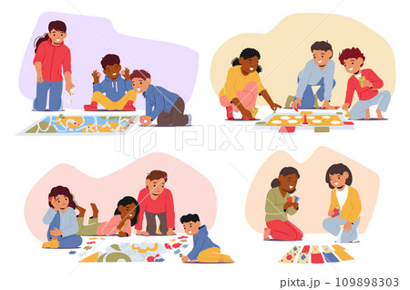 Children Sit On The Floor, Joyfully Engaged In Board Games. Laughter Echoes As They Strategize, Roll Dice Children Sit On The Floor, Joyfully Engaged In Board Games. Laughter Echoes As They Strategize, Roll Dice 109898303