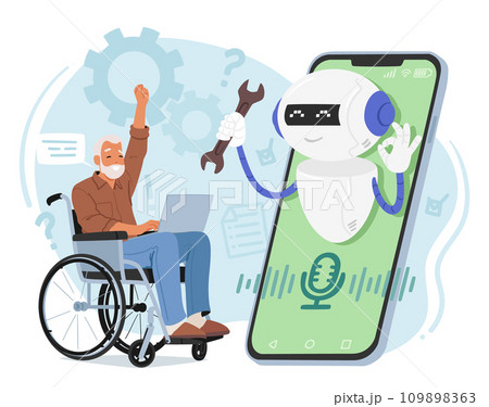Chat Bot Assistant Helps Elderly Man On A Wheelchair, Offers Technical Support Online With Compassion And Expertise Chat Bot Assistant Helps Elderly Man On A Wheelchair, Offers Technical Support Online With Compassion And Expertise 109898363