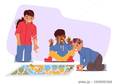 Children Sit On The Floor, Enthusiastically Playing Colorful Board Game, Laughter Echoing As They Roll Dice Children Sit On The Floor, Enthusiastically Playing Colorful Board Game, Laughter Echoing As They Roll Dice 109898366