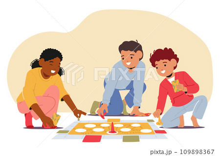 Children Characters Sit On The Floor, Laughter Filling The Air As They Eagerly Play Board Games, Vector Illustration Children Characters Sit On The Floor, Laughter Filling The Air As They Eagerly Play Board Games, Vector Illustration 109898367