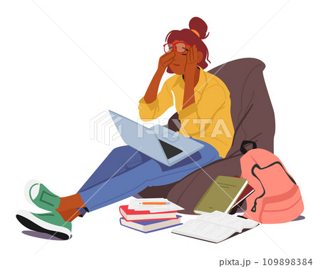 Tired, Sad Student Girl with Laptop, Surrounded By Mountain Of Books, Overwhelmed By The Weight Of Studies, Longing 109898384