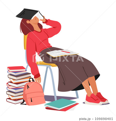 Tired Student Girl Peacefully Sleeps, Surrounded By A Fortress Of Books, Finding Solace In Embrace Of Dreams Tired Student Girl Peacefully Sleeps, Surrounded By A Fortress Of Books, Finding Solace In Embrace Of Dreams 109898401