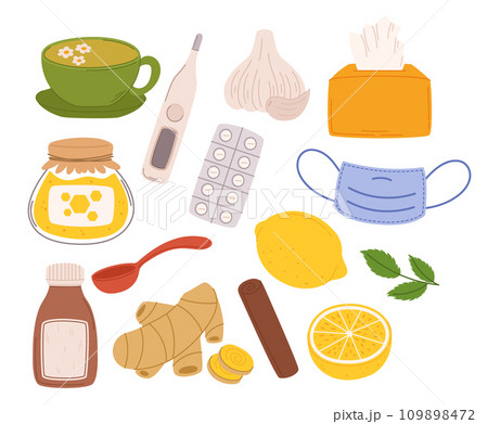 Flu Treatment Set. Comforting Tea, Tissues, Lemon, Honey, Thermometer, And Medication. Mask, Ginger, Syrup Bottle Flu Treatment Set. Comforting Tea, Tissues, Lemon, Honey, Thermometer, And Medication. Mask, Ginger, Syrup Bottle 109898472
