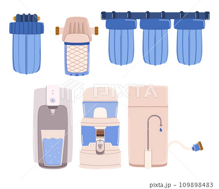 Water Filter Items Vector Set. Activated Carbon, Sediment And Membrane Filters. These Components Remove Impurities 109898483