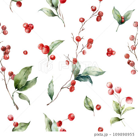 Watercolor seamless pattern of red berries, leaves and branches. Hand painted winter plant isolated on white background. Illustration for design, print, fabric or background. 109898955