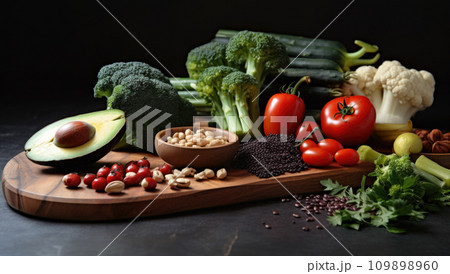 Fresh raw vegetable ingredients for healthy cooking or salad making with rustic wood board in center, top view, copy space. 109898960