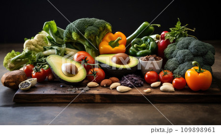 Fresh raw vegetable ingredients for healthy cooking or salad making with rustic wood board in center, top view, copy space. 109898961