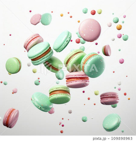 Flat lay. Close up. Sweet french macarons isolated on white background. Colorful macaroons flying or falling in motion 109898963