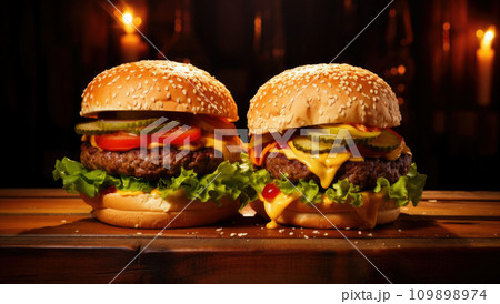 Two homemade beef burgers with mushrooms, micro greens, red onion, fried eggs and beet sauce on wooden cutting board. Side view Two homemade beef burgers with mushrooms, micro greens, red onion, fried eggs and beet sauce on wooden cutting board. Side view 109898974