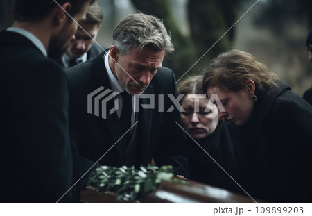 Death, funeral and family touching coffin in a church, sad and unhappy while gathering to say farewell. Church service casket and sad man and woman looking upset while greeting, goodbye and rip Death, funeral and family touching coffin in a church, sad and unhappy while gathering to say farewell. Church service casket and sad man and woman looking upset while greeting, goodbye and rip 109899203