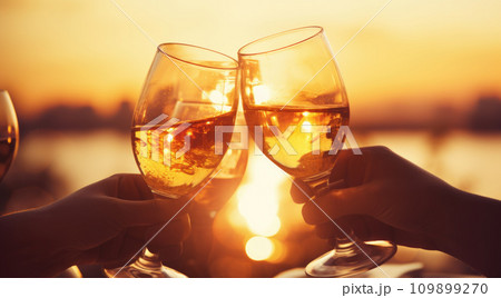 A group of girlfriends raise a toast with glasses of white wine on a sunset. Close shot. 109899270