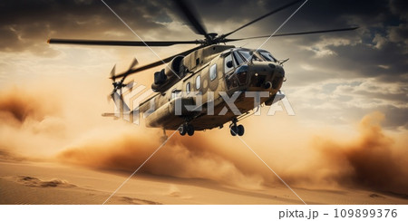 a military helicopter flying over the sand 109899376