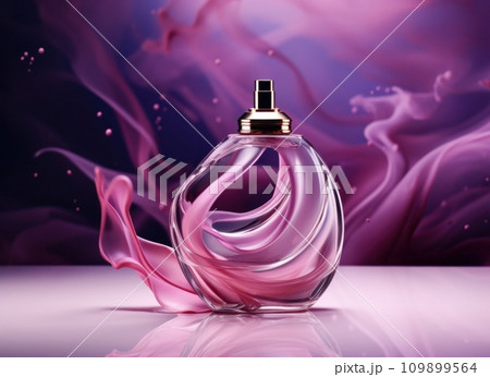 an unopened perfume bottle with purple smoke on her face 109899564