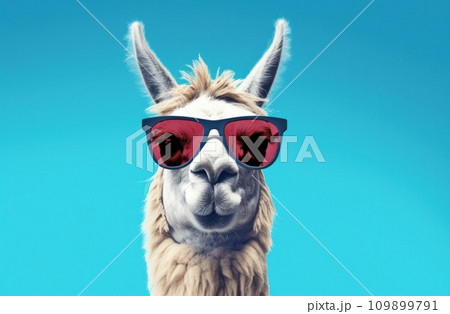 an llama wearing sunglasses on a blue background 109899791
