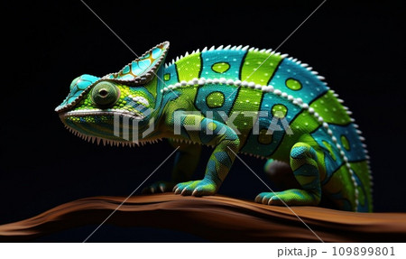 green and white chameleon with brown stripes 109899801