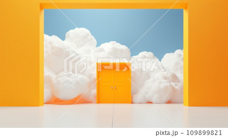 clouds coming out of a yellow door, over white space clouds coming out of a yellow door, over white space 109899821