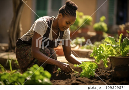 african american woman working with vegetables in a community garden female 109899874