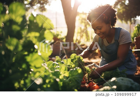 african american woman working with vegetables in a community garden female african american woman working with vegetables in a community garden female 109899917