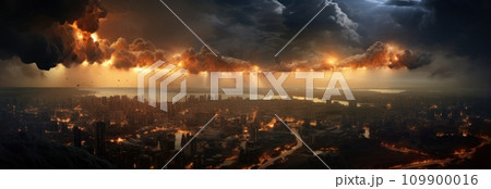 an atomic explosion is in the sky over a city 109900016