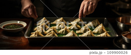chef preparing dumplings with sauce on a tray chef preparing dumplings with sauce on a tray 109900026