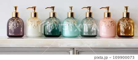 bottle of soap on a shelf in bathroom bottle of soap on a shelf in bathroom 109900073
