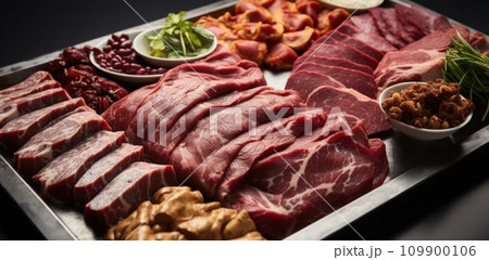 all kinds of meats on a tray beef 109900106