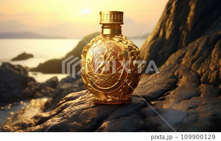 an opulent golden bottle resting on a rock at sunset 109900129
