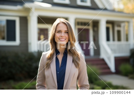female real estate agent in front of house for realtor real estate agent female real estate agent in front of house for realtor real estate agent 109900144