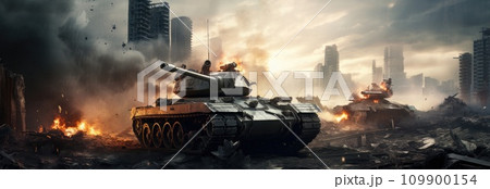 a tank drives on a city with buildings 109900154
