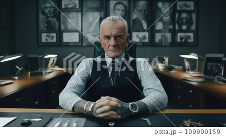 an old man sitting in front of a desk with tattoos an old man sitting in front of a desk with tattoos 109900159