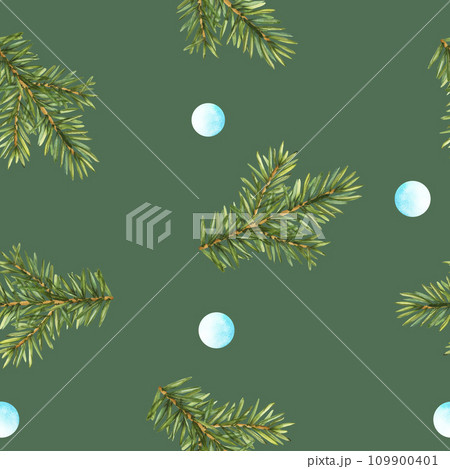 Winter seamless pattern with small round pea and fir tree branches. Watercolor illustration pine branch for holiday celebration decoration for 2024 New Year. Template green forest Christmas tree Winter seamless pattern with small round pea and fir tree branches. Watercolor illustration pine branch for holiday celebration decoration for 2024 New Year. Template green forest Christmas tree 109900401