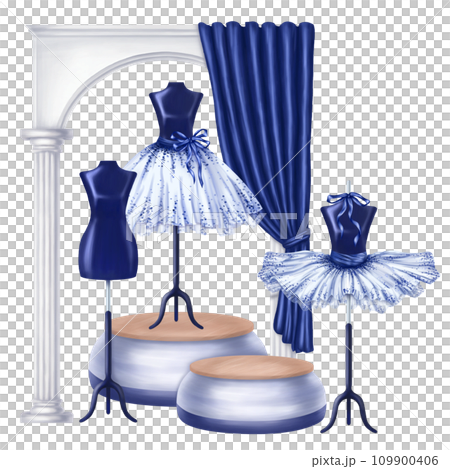 Blue ballet dance tutus, stage costumes. A skirt worn on a mannequin. A theatrical backstage, a shop window, an atelier, an outfit for a fashion show and a masquerade. Digital isolated illustration Blue ballet dance tutus, stage costumes. A skirt worn on a mannequin. A theatrical backstage, a shop window, an atelier, an outfit for a fashion show and a masquerade. Digital isolated illustration 109900406