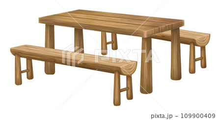 A wooden picnic table with benches for outdoor recreation. Furniture for the garden, park, hiking, camping. Outdoor dinners and barbecues. Family holidays and travel. Isolated illustration A wooden picnic table with benches for outdoor recreation. Furniture for the garden, park, hiking, camping. Outdoor dinners and barbecues. Family holidays and travel. Isolated illustration 109900409