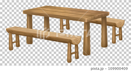 A wooden picnic table with benches for outdoor recreation. Furniture for the garden, park, hiking, camping. Outdoor dinners and barbecues. Family holidays and travel. Isolated illustration A wooden picnic table with benches for outdoor recreation. Furniture for the garden, park, hiking, camping. Outdoor dinners and barbecues. Family holidays and travel. Isolated illustration 109900409