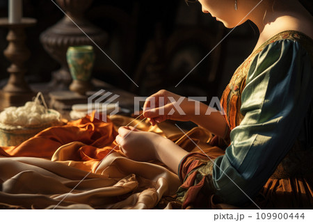 Woman sewing. Female tailor hands with needle 109900444