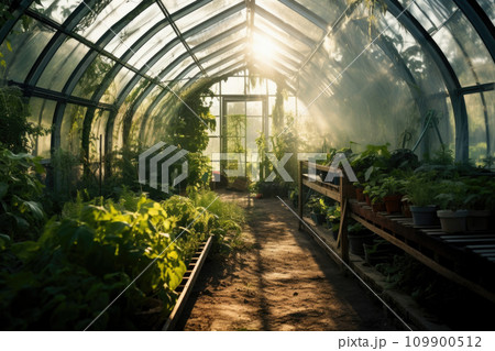 Plants inside a historic greenhouse. Fresh plants, tropical jungle and palms 109900512