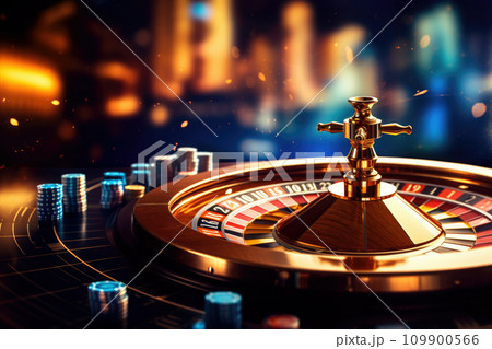 Close up shot of a spinning roulette. Presentation of a luxury casino roulette wheel with a yellow spinning fireball. Polished, elegant roulette with golden elements in Las Vegas. Gambling 109900566