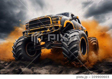 Orange car with huge wheels, monster truck 109900603