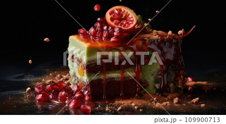 a piece of desert with pomegranate, almond sprinkled on top a piece of desert with pomegranate, almond sprinkled on top 109900713