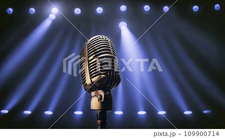 Retro microphone in the style of the 80s, 70s against the background of stage lights. Concept of singing karaoke, performing on stage, freedom of speech Retro microphone in the style of the 80s, 70s against the background of stage lights. Concept of singing karaoke, performing on stage, freedom of speech 109900714