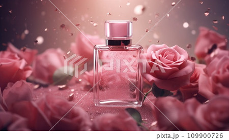 a bottle of cologne with rose flowers and dust a bottle of cologne with rose flowers and dust 109900726