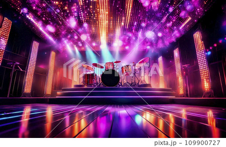 80s disco concept. Disco ball in neon lighting on podium or stage with drum set 109900727