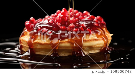 a pastry with pomegranate on top of it with a drip of golden liquid 109900748