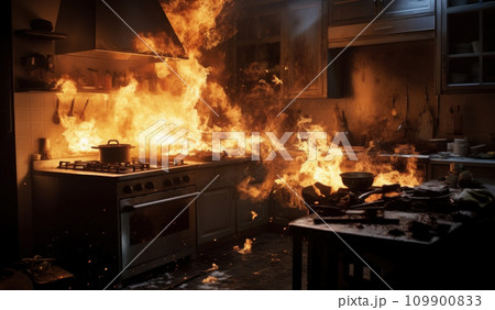 Fire, explosion with red flames of fire in the kitchen Fire, explosion with red flames of fire in the kitchen 109900833