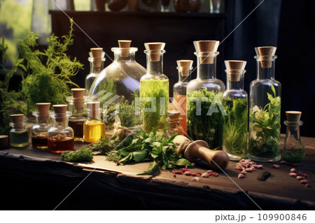 Herbal medicine concept. Dry natural ingredients and remedy bottle on the wooden table background. Witchcraft Herbal medicine concept. Dry natural ingredients and remedy bottle on the wooden table background. Witchcraft 109900846