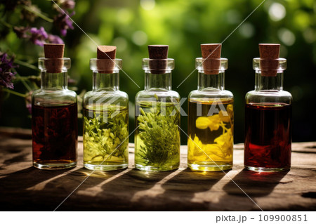 Herbal medicine concept. Dry natural ingredients and remedy bottle on the wooden table background. Witchcraft 109900851