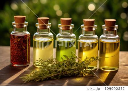 Herbal medicine concept. Dry natural ingredients and remedy bottle on the wooden table background. Witchcraft 109900852