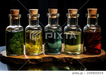 Herbal medicine concept. Dry natural ingredients and remedy bottle on the wooden table background. Witchcraft 109900854