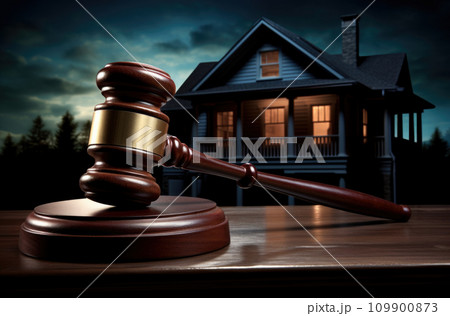 Judge gavel and house key on wooden background. Estate law concept 109900873