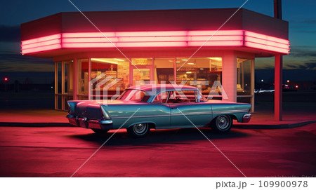 American vintage classic car in front of a dinner with neon signboard American vintage classic car in front of a dinner with neon signboard 109900978